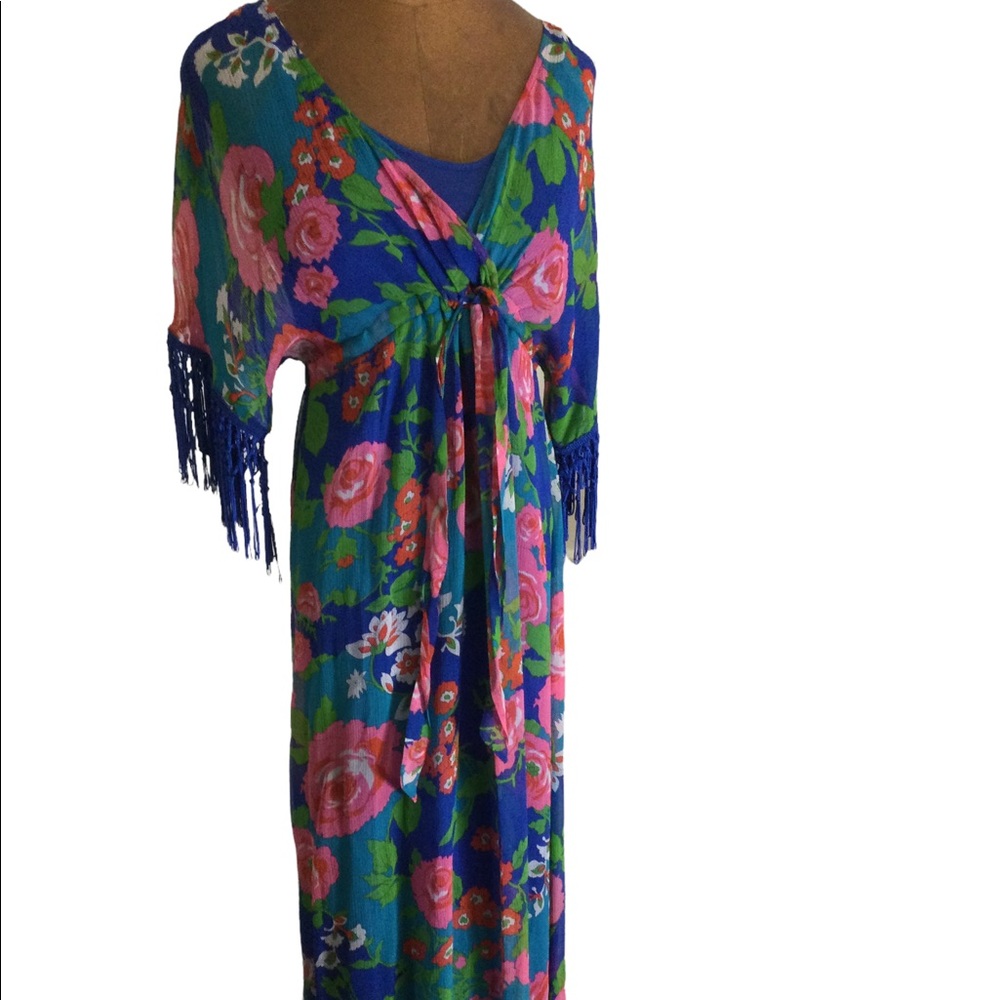 Ella Moss floral maxi dress with fringe detail on sleeve and full slip.